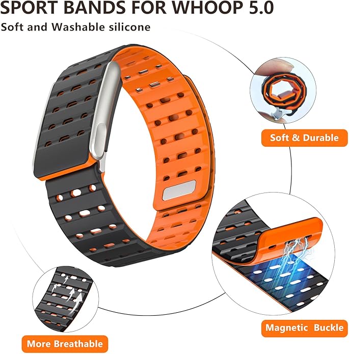 Silicone Bands Compatible with WHOOP 5.0 One and Peak, Adjustable Soft Comfortable Breathable