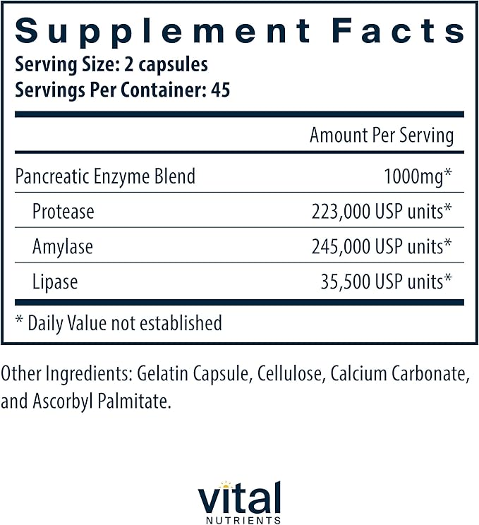Vital Nutrients Pancreatic Enzymes 1000mg (Full Strength) | Pancreatin Digestion Supplement with
