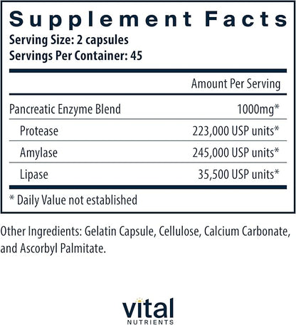 Vital Nutrients Pancreatic Enzymes 1000mg (Full Strength) | Pancreatin Digestion Supplement with