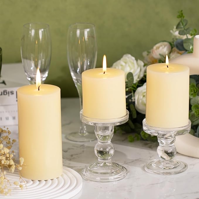 KONNI Ivory Pillar Candles Set of 3, 3"x 4" Unscented Pillar Candles Bulk, 39 Hours Long Burning