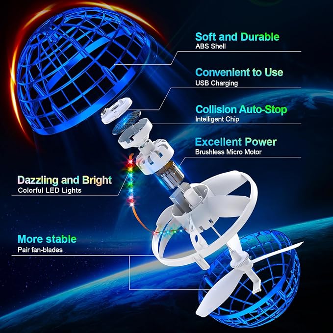 Flying Orb Ball (Blue, 2025 Upgraded) with Dazzling Lights, Magic Hover Spinner, Cool Boomerang