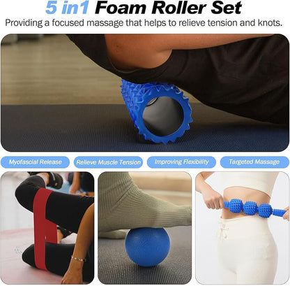 5 in 1 Foam Roller Set Trigger Point Foam Roller, Massage Roller Stick, Massage Ball, Stretching