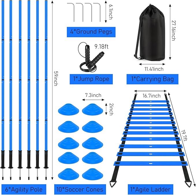 Soccer Agility Training Equipment: 6 Soccer Agility Poles, 20ft Agility Ladder, 10 Soccer Cones, 1