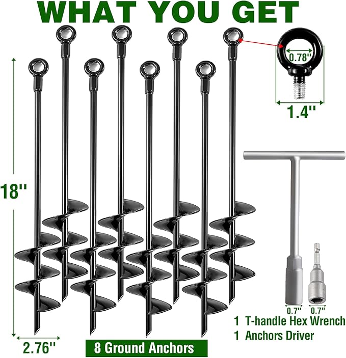 Ground Anchors Heavy Duty, Swing Set Anchor Kit 18 Inch 8 Pack Screw in Earth Anchors Trampoline