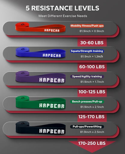 HAPBEAR Pull Up Assistance Bands Set of 5 - Resistance Bands for Working Out, Stretching, Physical