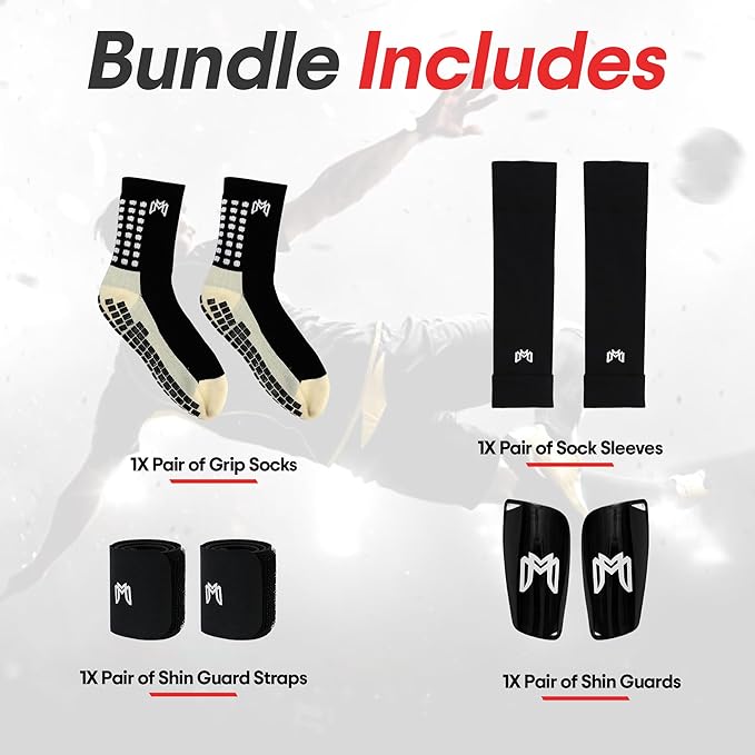 Soccer Grip Socks, Shin Guards, Pre Cut Sock Sleeves, and Guard Straps Bundle Pack - Essential