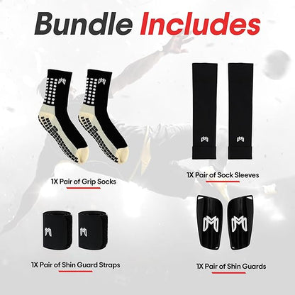 Soccer Grip Socks, Shin Guards, Pre Cut Sock Sleeves, and Guard Straps Bundle Pack - Essential