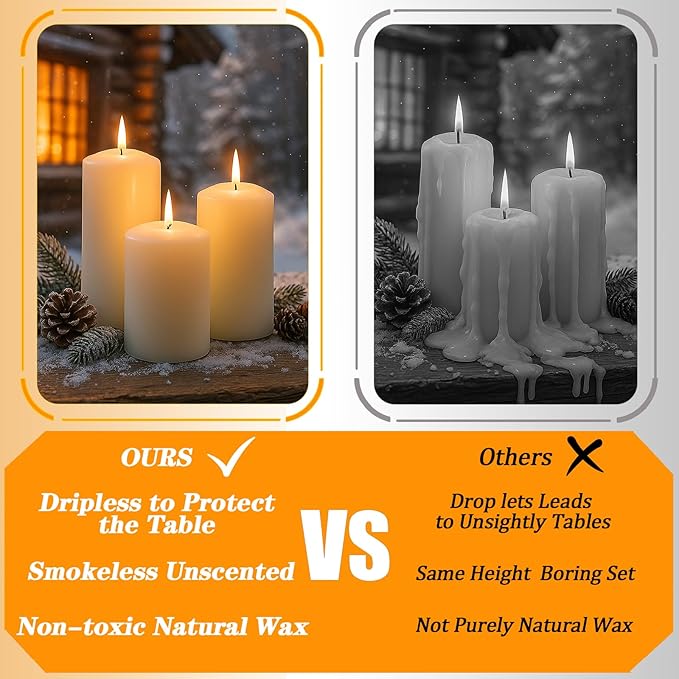 Ivory Pillar Candles Bulk Set of 12ï¼? Different Lengths 3 x 3/6/8 Inch (4 Each)，Hurricane