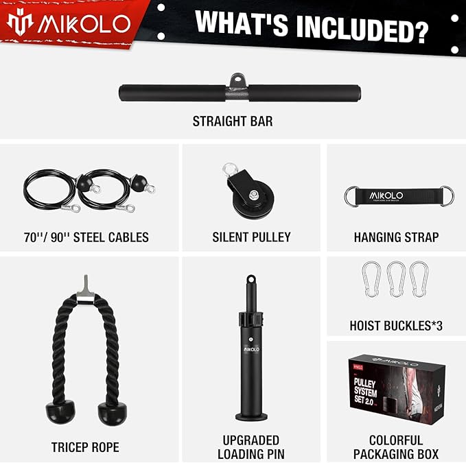 Mikolo Fitness LAT and Lift Pulley System, Dual Cable Machine(70'' and 90'') with Upgraded Loading