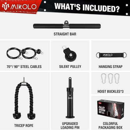 Mikolo Fitness LAT and Lift Pulley System, Dual Cable Machine(70'' and 90'') with Upgraded Loading