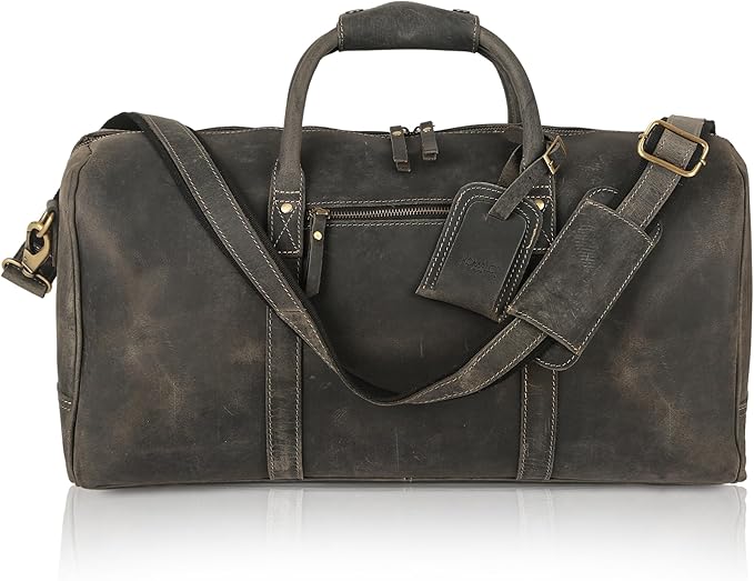 KomalC 24 Inch Leather Duffel Bags for Men and Women Full Grain Leather Travel Overnight Weekend