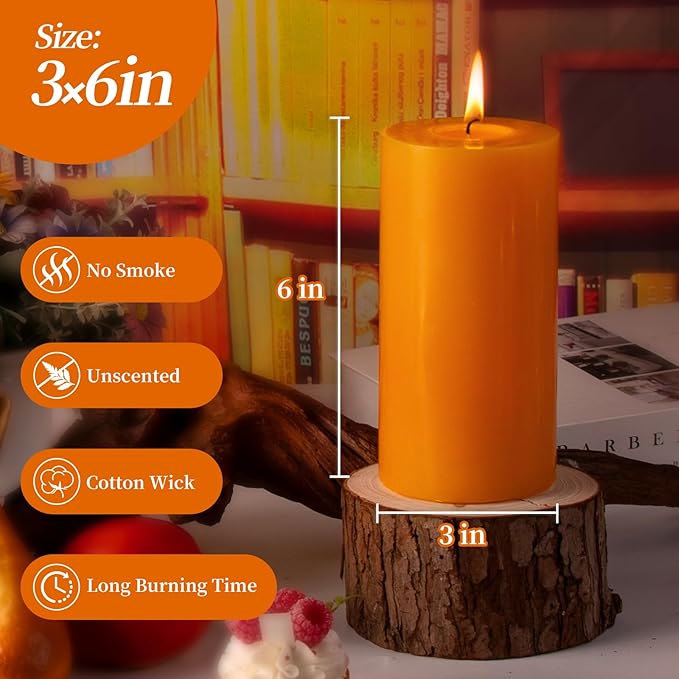KONNI Orange Pillar Candles Set of 3, 3"x 6" Unscented Pillar Candles Bulk, 56 Hours Long Burning