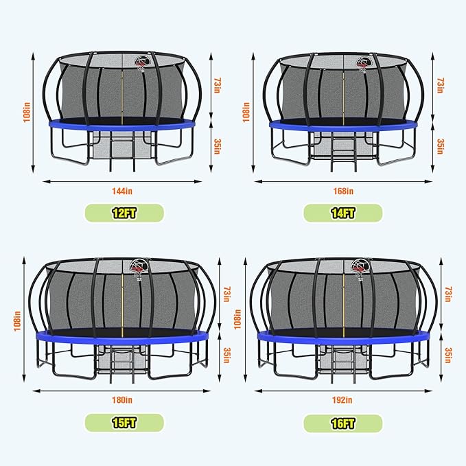 12 14 15 16FT Outdoor Trampolines for Kids and Adults, Pumpkin Trampolin with Curved Poles