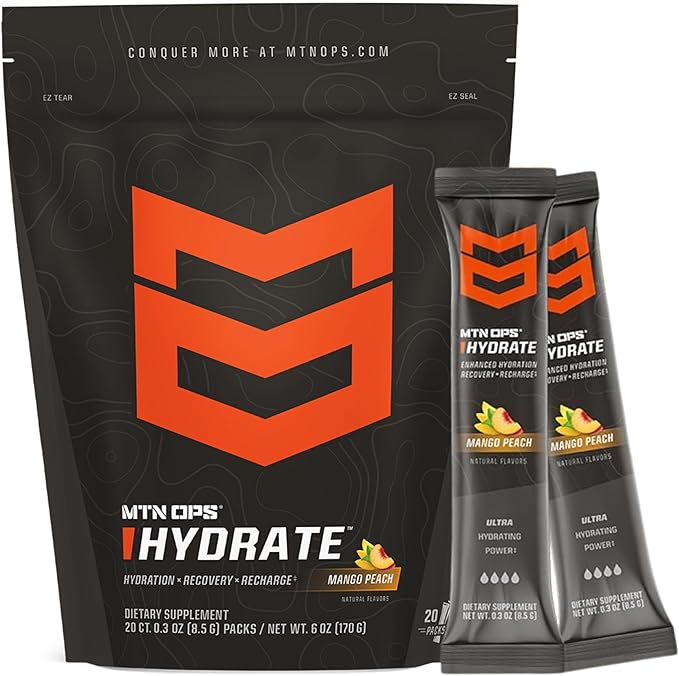 MTN OPS Hydrate Electrolytes Powder Drink Mix, 20 Single Serving On-The-Go Electrolyte Packs with