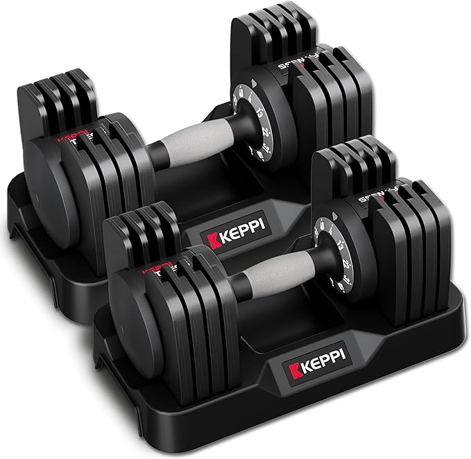 Keppi Adjustable Dumbbells Set-25lb/40lb/55lb/60lb, Anti-Slip Metal Fast Adjust Weight Handle
