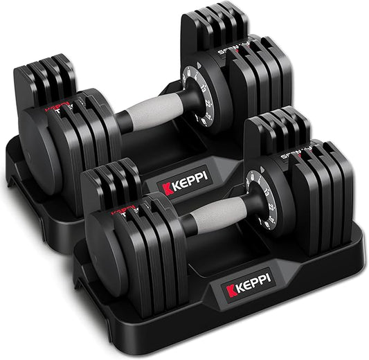Keppi Adjustable Dumbbells Set-25lb/40lb/55lb/60lb, Anti-Slip Metal Fast Adjust Weight Handle