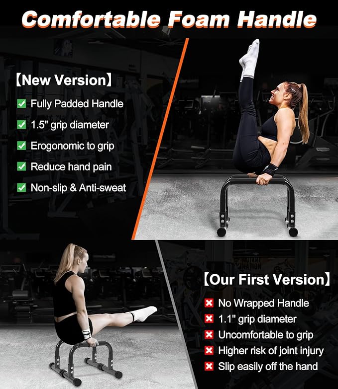 Push Up Bar, 12 Inch High Non-Slip Parallettes Bars & Dip Bars With Foam Handles, Heavy-Duty No