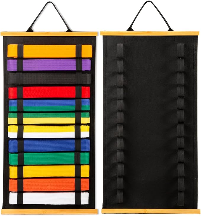 12Belts Karate Belt Display Rack with Bamboo Frame, Felt Taekwondo Belt Display, Martial Art Belt