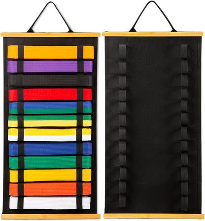 12Belts Karate Belt Display Rack with Bamboo Frame, Felt Taekwondo Belt Display, Martial Art Belt