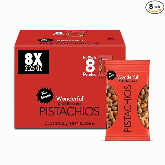 Wonderful Pistachios No Shells, Chili Roasted Nuts, 2.25 Ounce (Pack of 8), Protein Snacks, Gluten