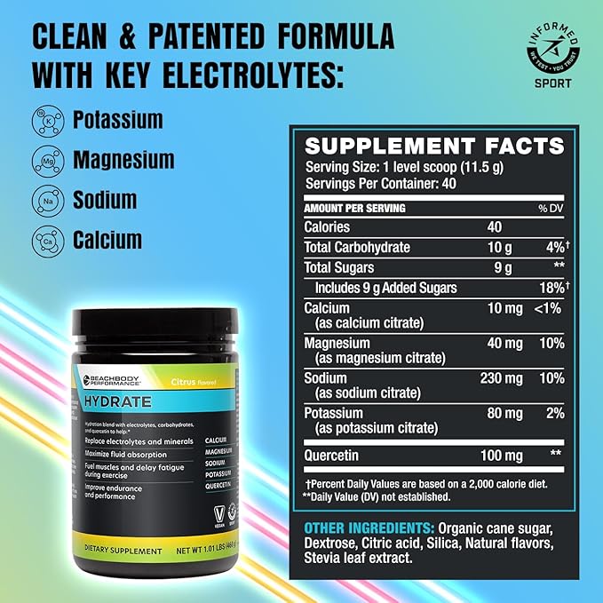 BODi Hydrate Performance Hydration Supplement, Quercetin Enriched Electrolyte Powder, 4 Key