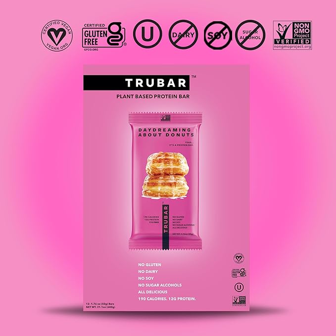 TRUBAR Vegan Protein Bar, Daydreaming About Donuts, Gluten Free, Plant Based, High Fiber, Dairy
