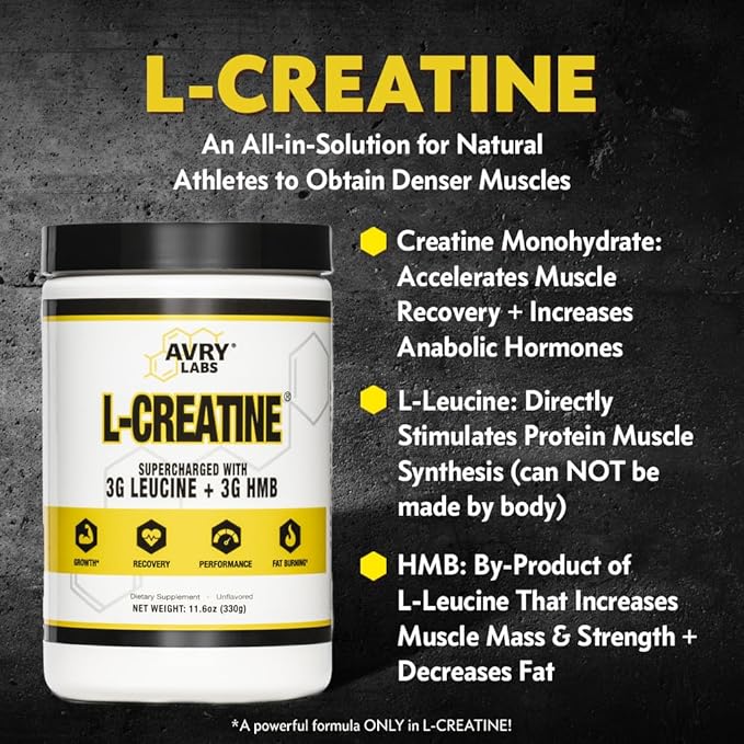 L-CREATINE Supplement: Creatine Monohydrate w/Leucine Amino Acid and HMB – Supports Muscle Mass