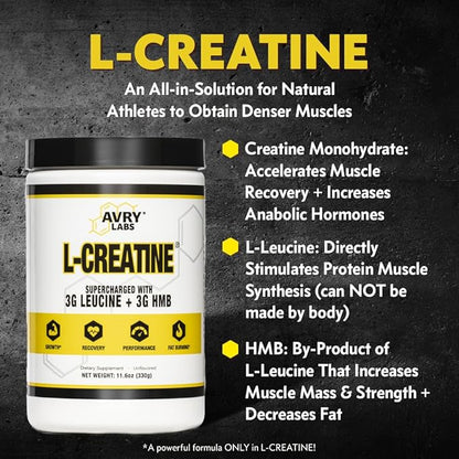 L-CREATINE Supplement: Creatine Monohydrate w/Leucine Amino Acid and HMB – Supports Muscle Mass