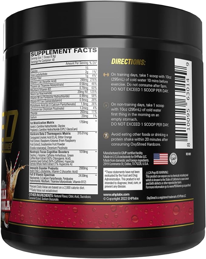 EHP Labs OxyShred Hardcore Super Dosed Pre Workout Powder - Preworkout Powder with L Glutamine &