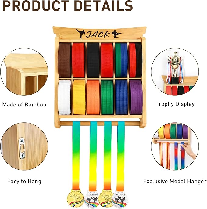 Tilhumt 12 Belts Karate Belt Display Rack with Trophy and Medal Display Rack, Taekwondo Belt