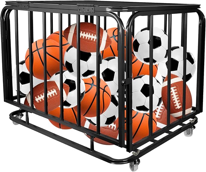 Sports Equipment Organizer Foldable Mental Sports Ball Storage Cart with Lid and Wheels Rolling