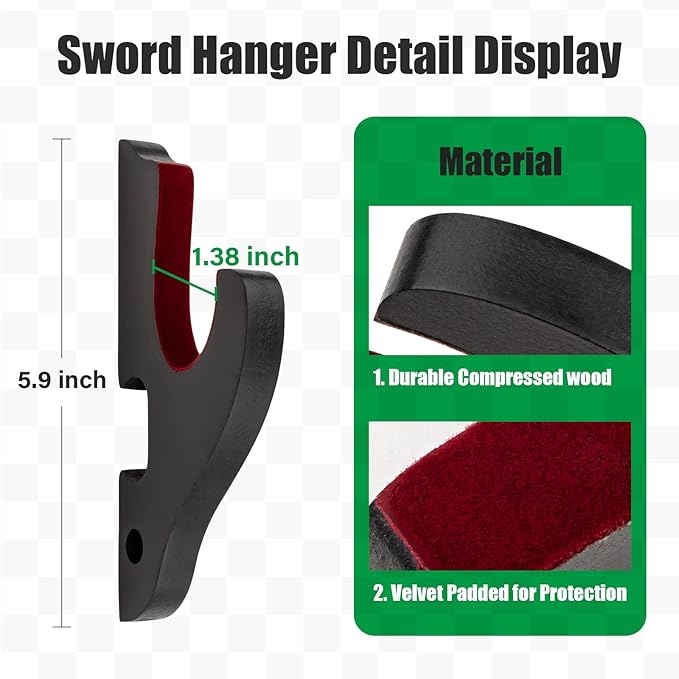 Sword Holder Wall Mount 1-Tier Velvet Padded Hook Katana Holder Adjustable Display Hanger for
