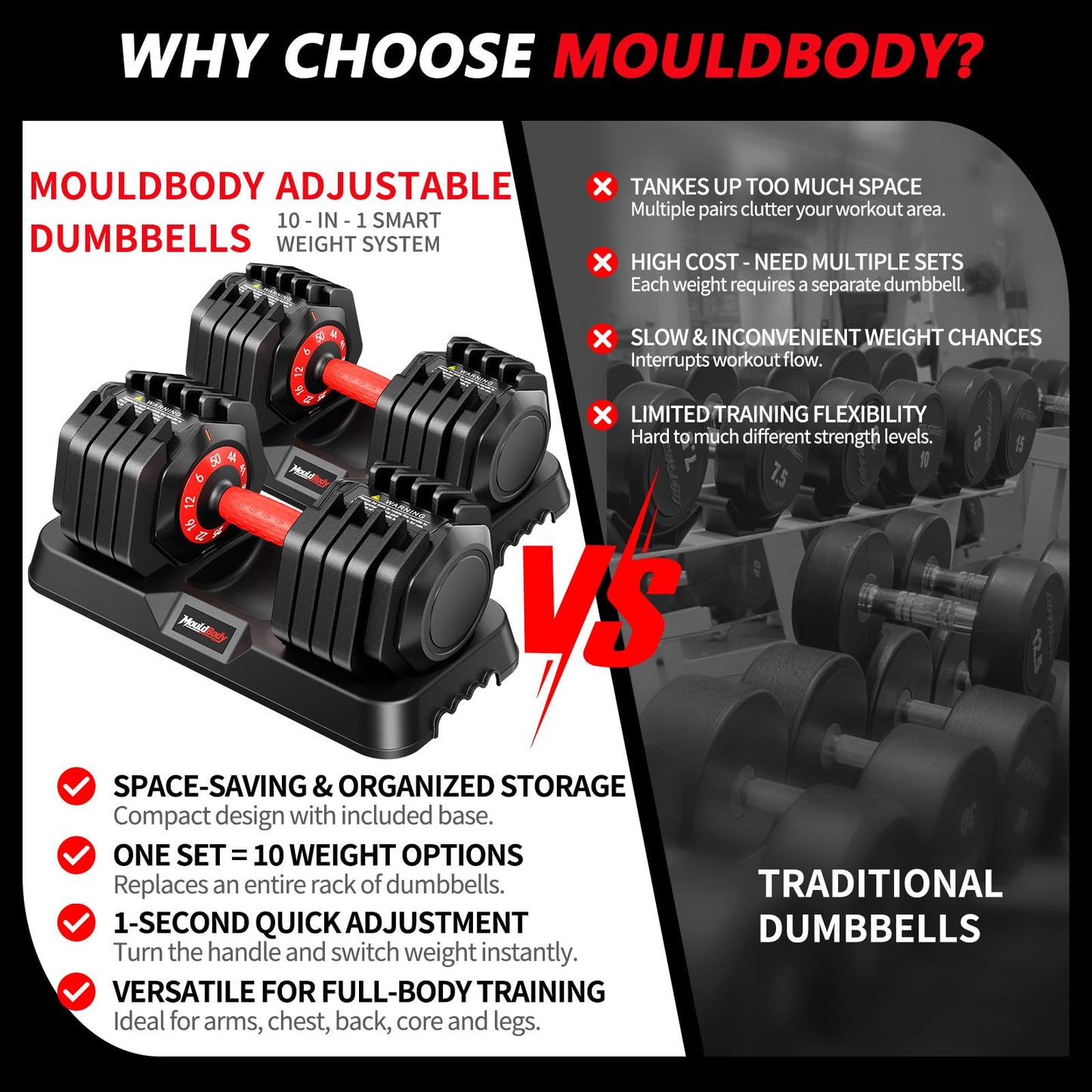 Mouldbody Adjustable Dumbbell Set Pair 50 lb, 10-in-1 Free Weight Set