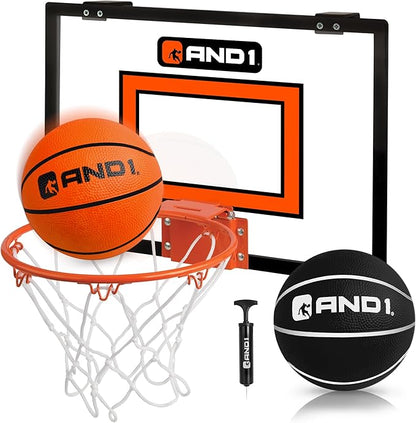 AND1 Over the Door Mini Basketball Hoop: 18x12 Shatterproof Backboard, 2 Mini Basketballs, and Hand