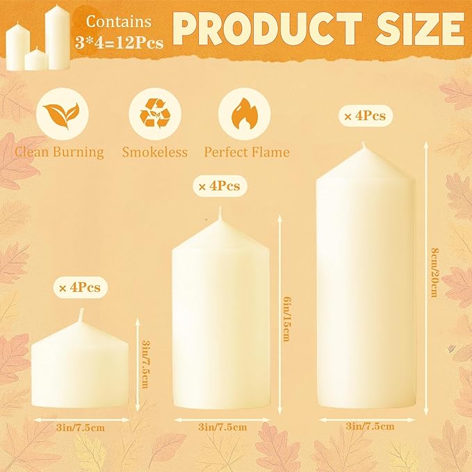 Ivory Pillar Candles Bulk Set of 12ï¼? Different Lengths 3 x 3/6/8 Inch (4 Each)，Hurricane