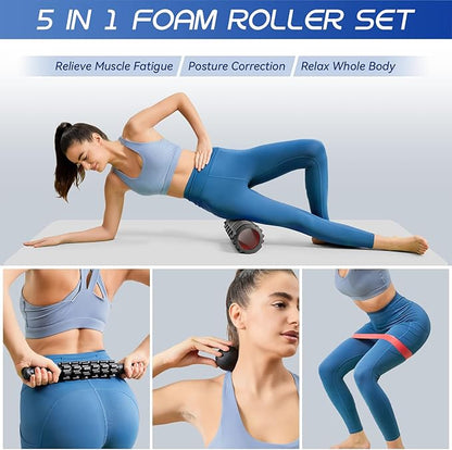 5-in-1 Foam Roller Set, Massage Roller Stick, Massage Ball, Resistance Band for Deep Muscle