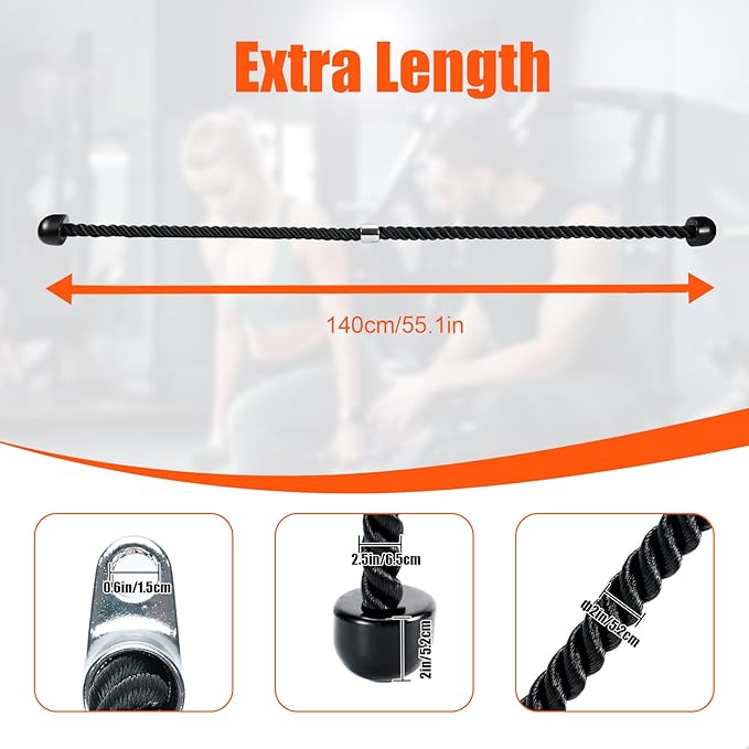 Long Tricep Pull Down Rope Exercise Tricep Rope 55 inch Pull Down Rope with Latch Gym Cable Machine