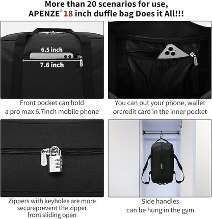 Small Gym Bag 18 inch Carry On Duffel Bag for Weekender Travel - Black
