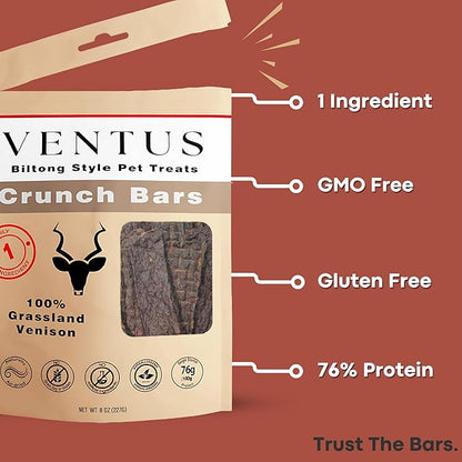 VENTUS Jerky Crunch Bars - Single Ingredient Venison Jerky Dog Training Treats, Healthy Air Dried