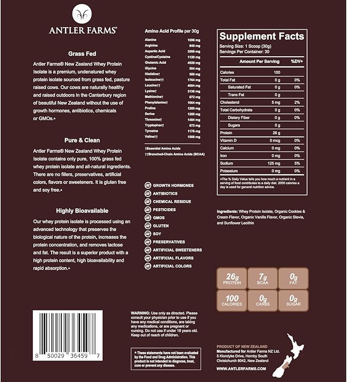 Antler Farms - 100% Grass Fed New Zealand Whey Protein Isolate, Cookies & Cream Flavor, 2 lbs