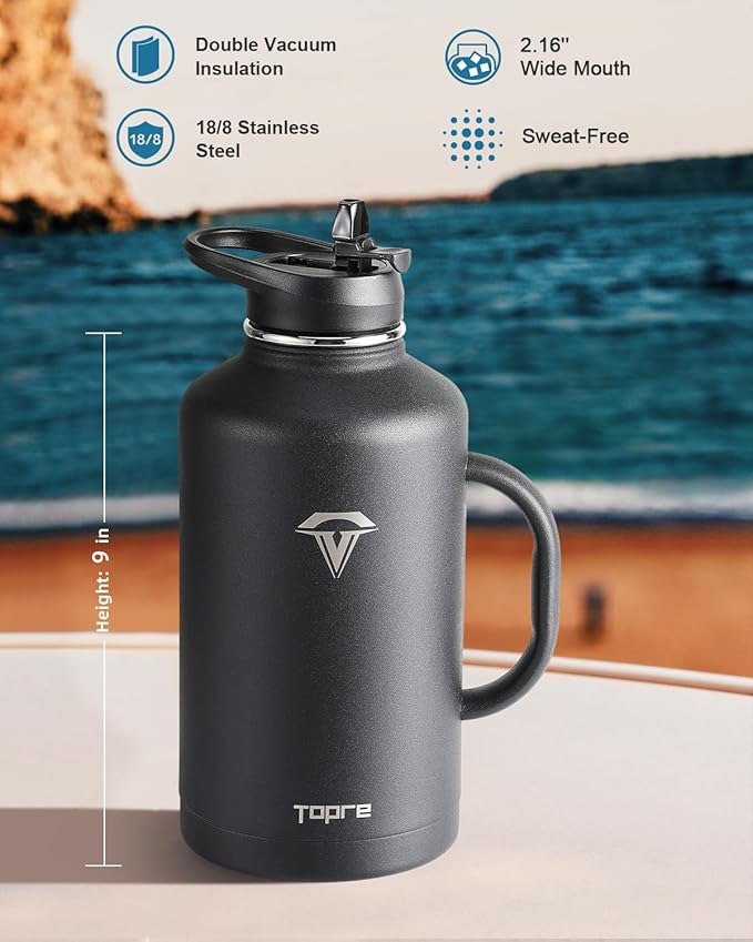 Half Gallon Water Bottle with Straw and Lid, 64 oz Insulated Stainless Steel Jug with