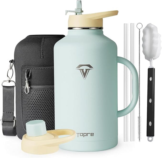 Half Gallon Water Bottle with Handle and Carry Pouch,64 oz Stainless Steel Insulated Jug Flask with