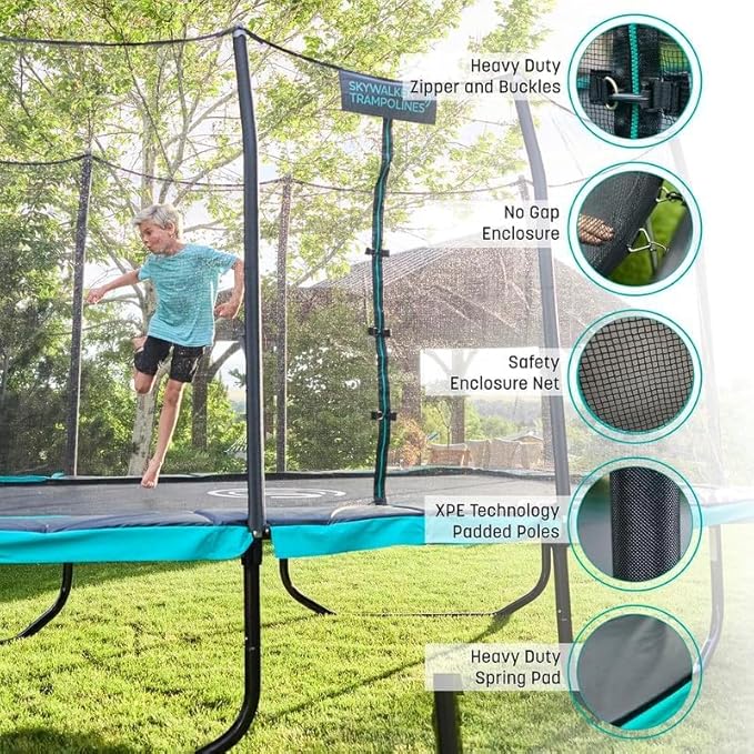SKYWALKER TRAMPOLINES 12 FT 15 FT Round Trampoline with Safety Enclosure Net, 9 x 15 FT Rectangle