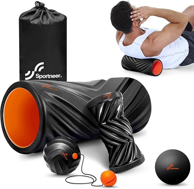 Sportneer 4 in 1 Foam Roller Set: Dual Textures Foam Roller, Foot Roller, Lacrosse Ball, Traction