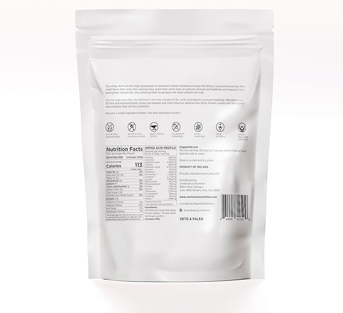 Centenarius Nutrition Grass Fed Whey Protein Unflavored Powder 500g with Natural Amino Acids for