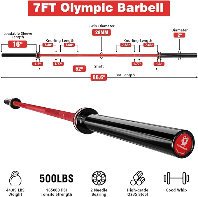 7ft Olympic Barbell, Weightlifting Barbell 28mm 45lb - 500/700/1000lbs Capacity with Smooth