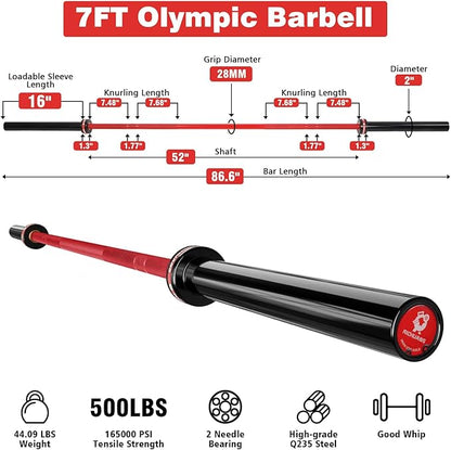 7ft Olympic Barbell, Weightlifting Barbell 28mm 45lb - 500/700/1000lbs Capacity with Smooth