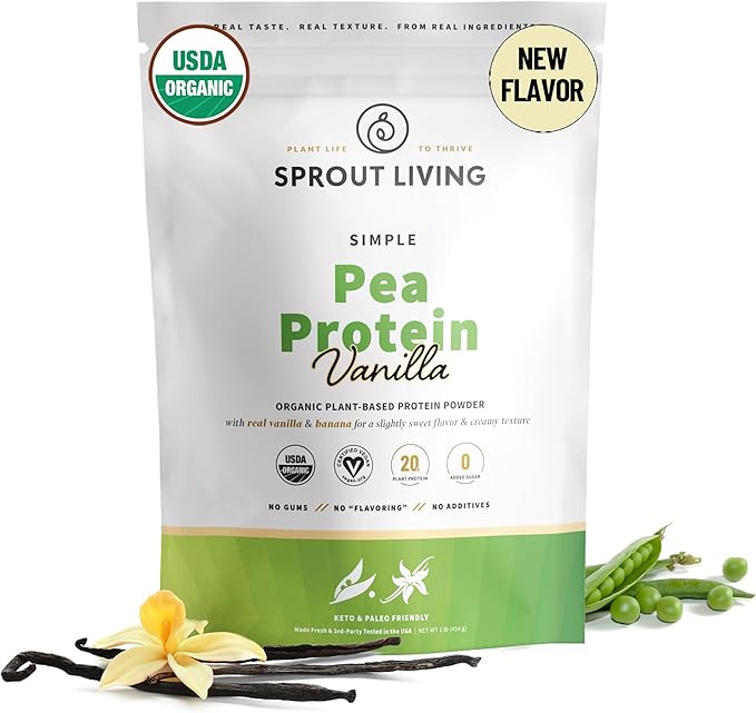 Sprout Living Organic Pea Protein Powder, Vanilla Flavor, 20 Grams of Plant Based Organic Protein