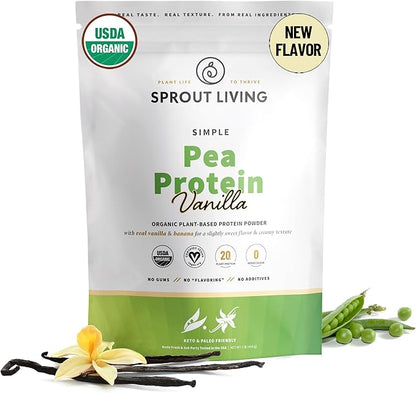Sprout Living Organic Pea Protein Powder, Vanilla Flavor, 20 Grams of Plant Based Organic Protein