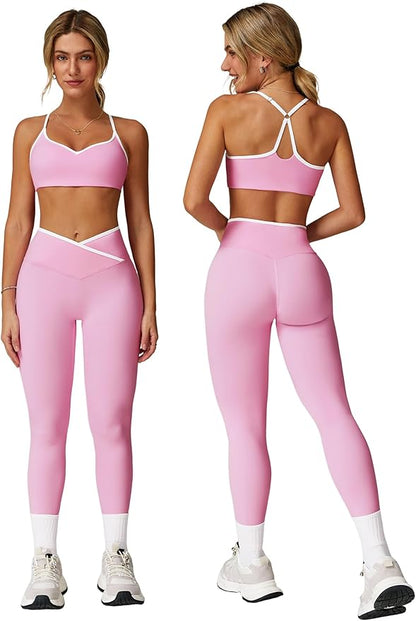 ABOCIW Workout Sets for Women 2 Piece Color Block Strappy Sports Bra High Waist Leggings Gym Yoga